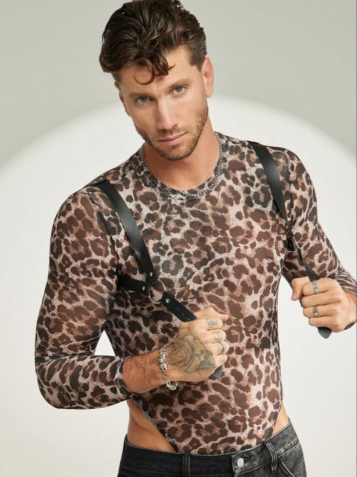 BONGA BOYS Men's Leopard Print Mesh Sheer Long Sleeve Bodysuit